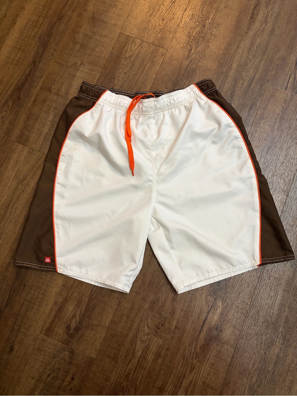 Old Navy White Swim Trunks with Brown Panels and Orange Trim